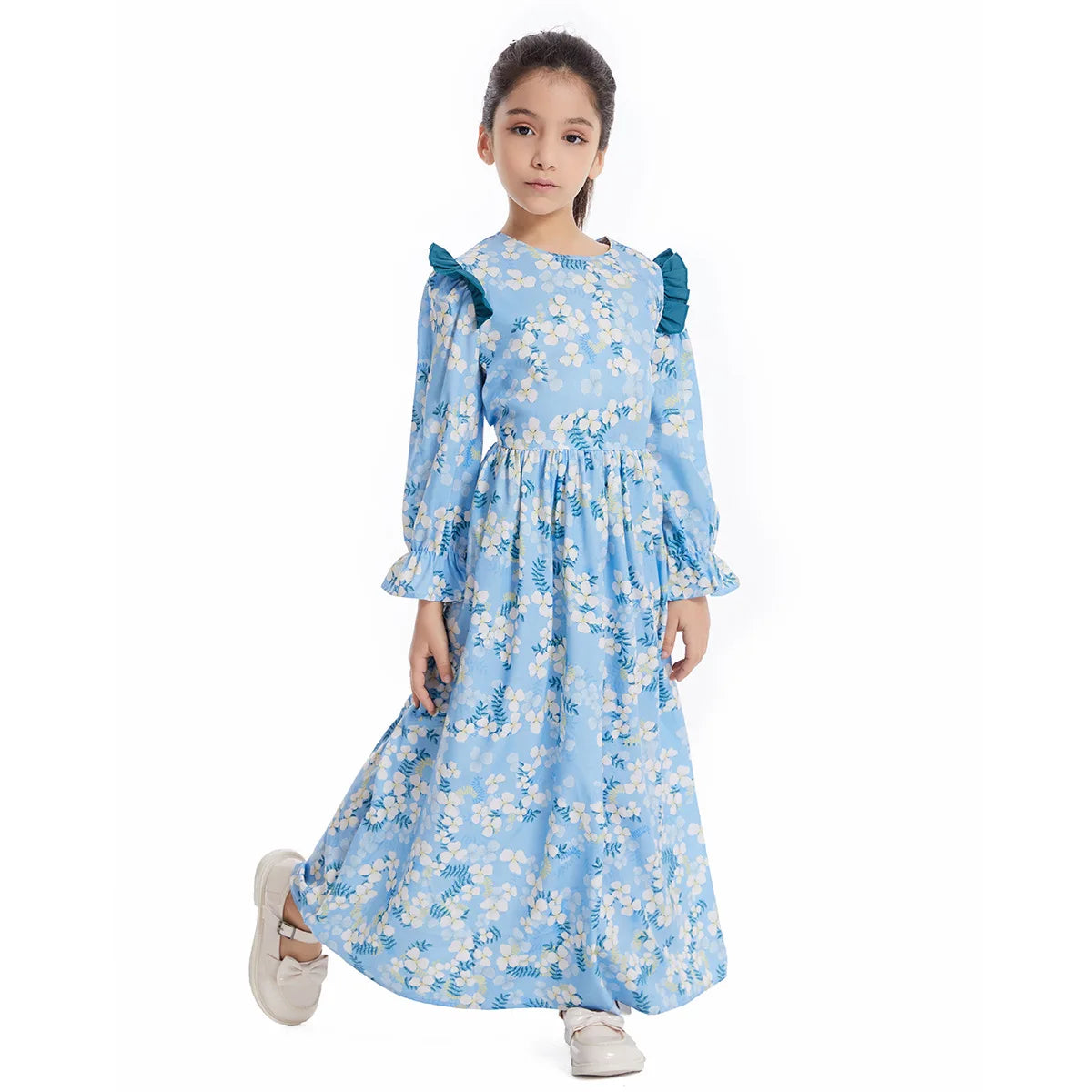 Abaya Girls Long Sleeve Dresses,Muslim Floral Dress for Kids,Conservative Outfits,Full Cover Robe Gown,Children's Beaching Dress