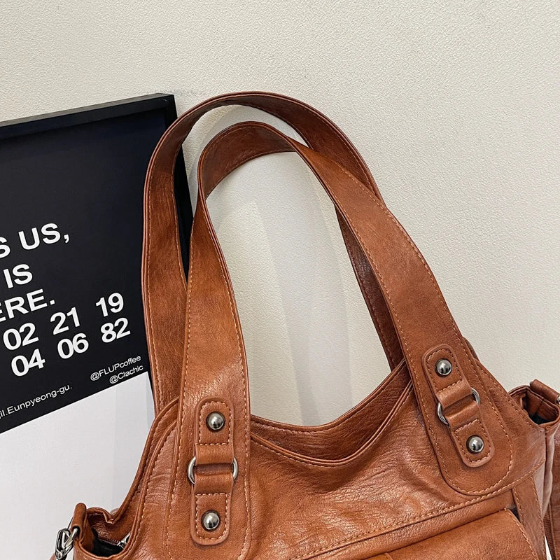 Women Tote Bag Fashion Underarm Pouch Large Capacity Soft Pu Leather Shoulder Bag Retro Crossbody Bag Casual Portable BucketBags
