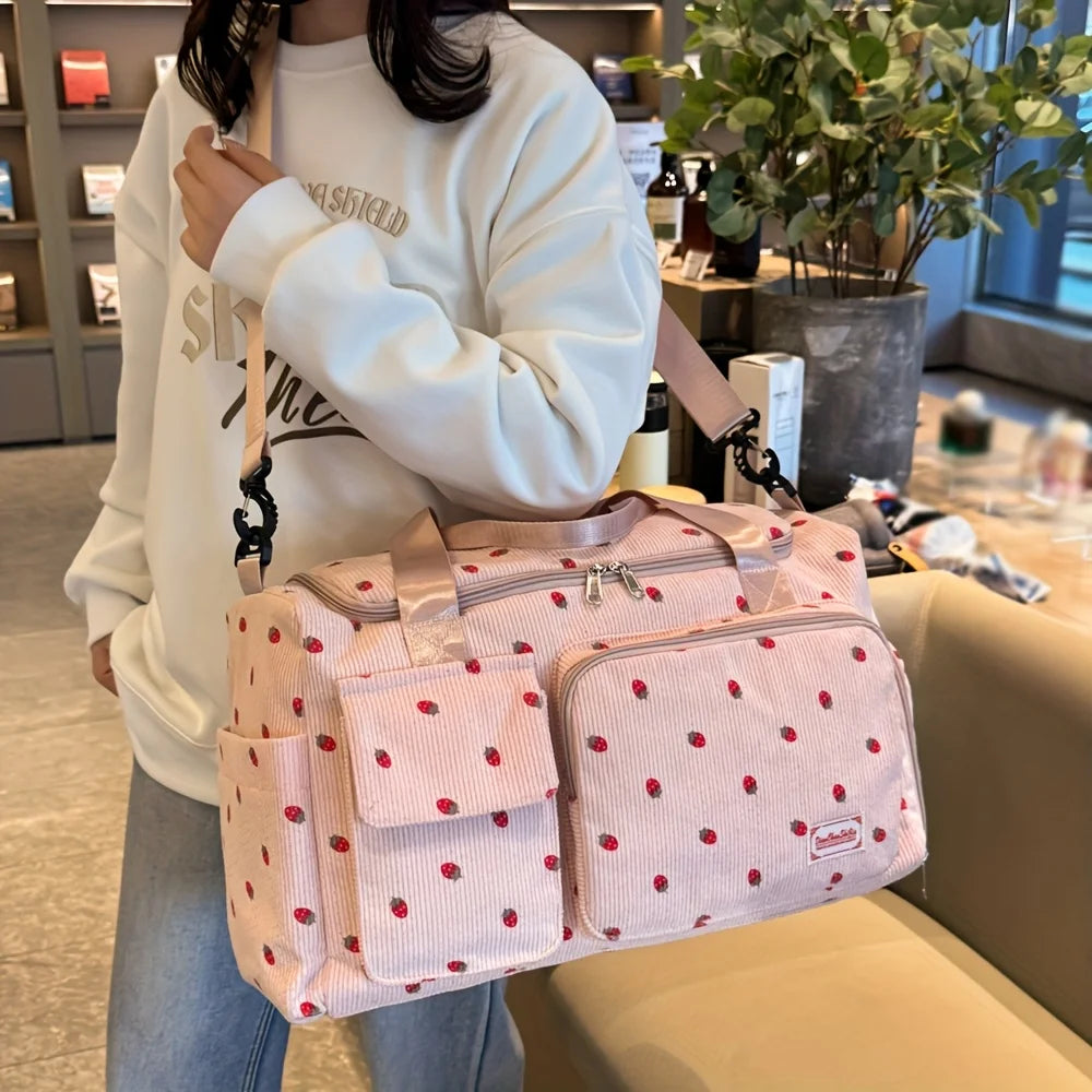 Large Capacity Strawberry Print Duffel Bag with Multiple Compartments - Ideal for Travel, Gym, and Everyday Use, Casual Style