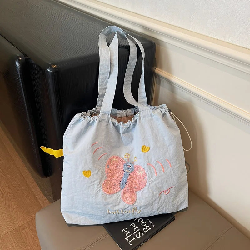 Leisure Large Capacity Single Shoulder Bag Trendy Embroidered Nylon Tote Bag School Style Sweet Handle Bag