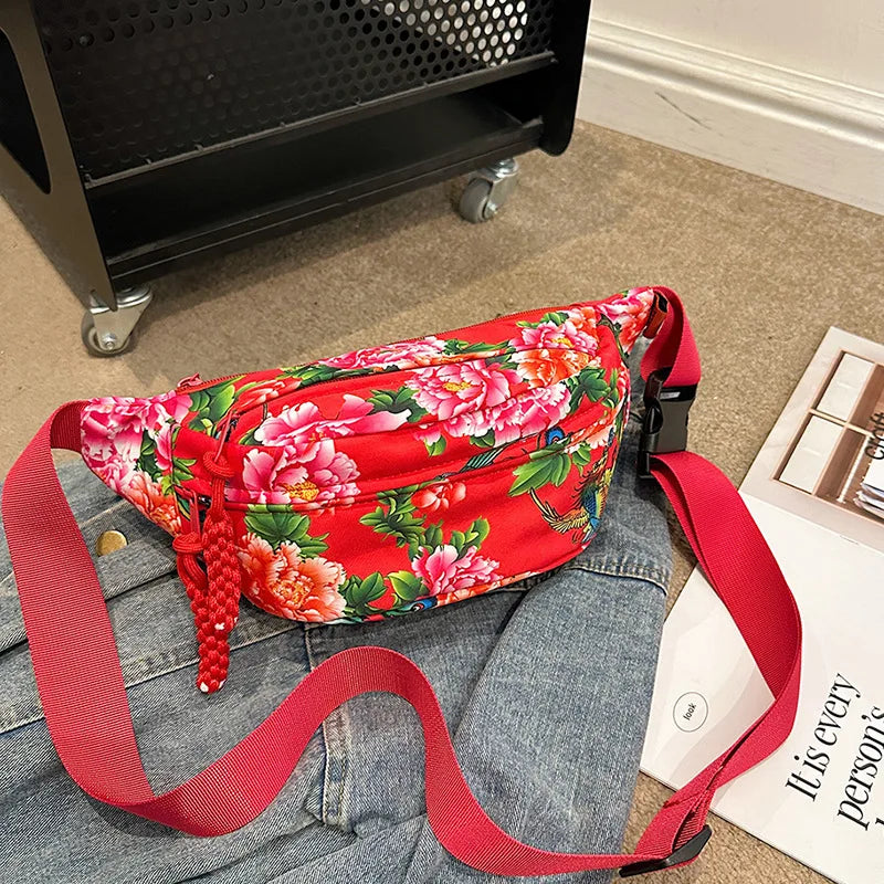 Women Fanny Bag Pack Large Flower Nylon Belt Bags Fashion Waist Pack Zipper Bag Adjustable Lightweight Multifunction Waterproof