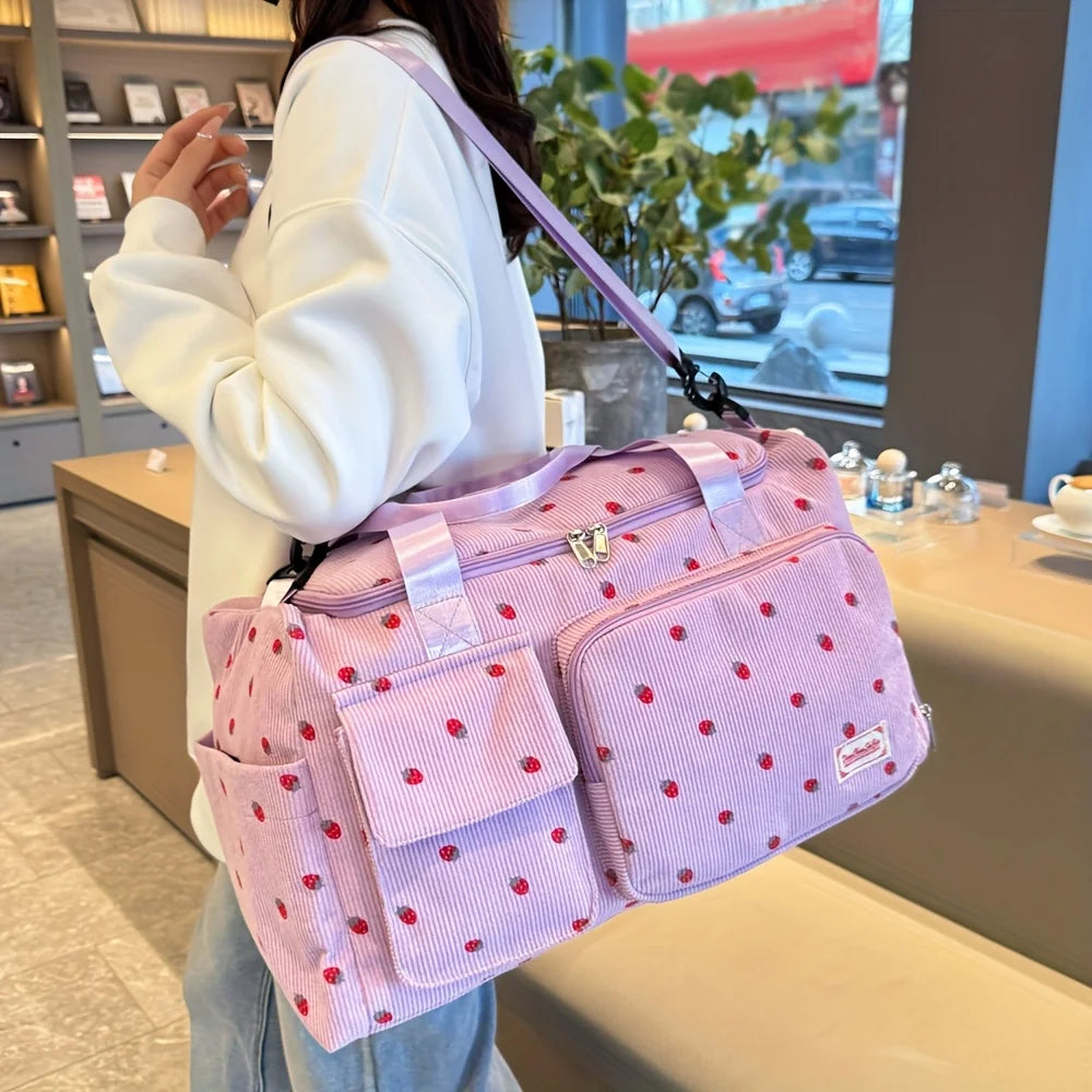 Large Capacity Strawberry Print Duffel Bag with Multiple Compartments - Ideal for Travel, Gym, and Everyday Use, Casual Style