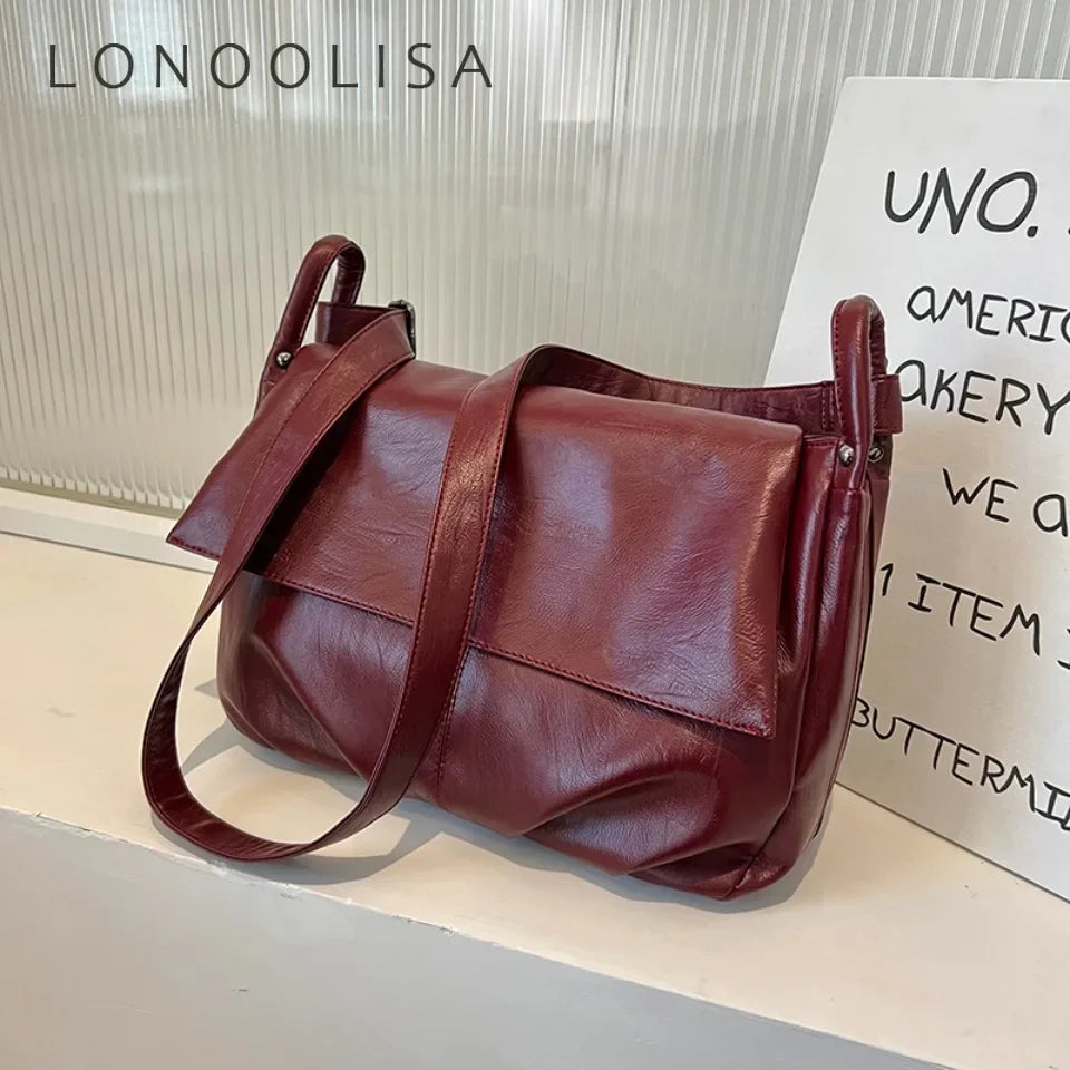 Burgundy Large Leather Bag Women Luxury Brand Designer Solid Color Crossbody Bag Soft Casual Shoulder Bag Women Bolsa Purse