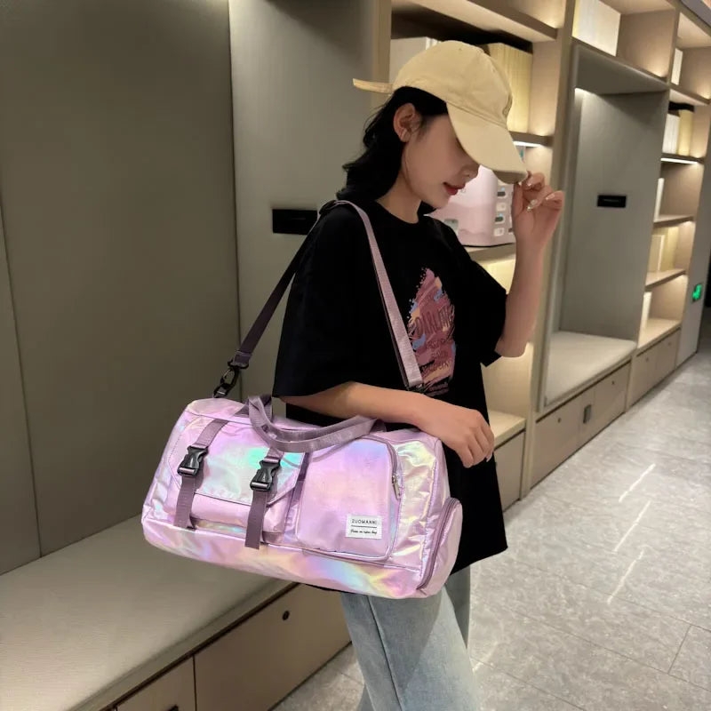 Holographic Glamour Duffel Bag - Spacious,Stylish Shoulder Tote with Shoe Compartment for Effortless Weekend Escapes -