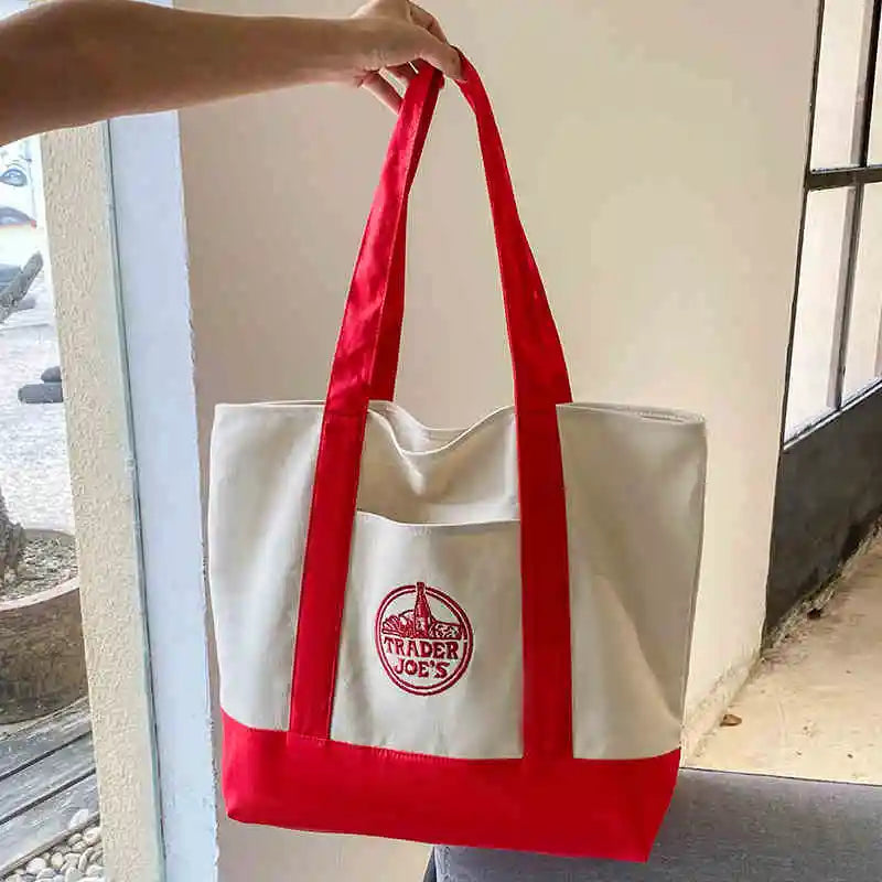 Tr Joe's Large Capaci op Bag Canvas Bag Embroidered Casual Handheld Single oulder Bag Contrast Color Trend Summer
