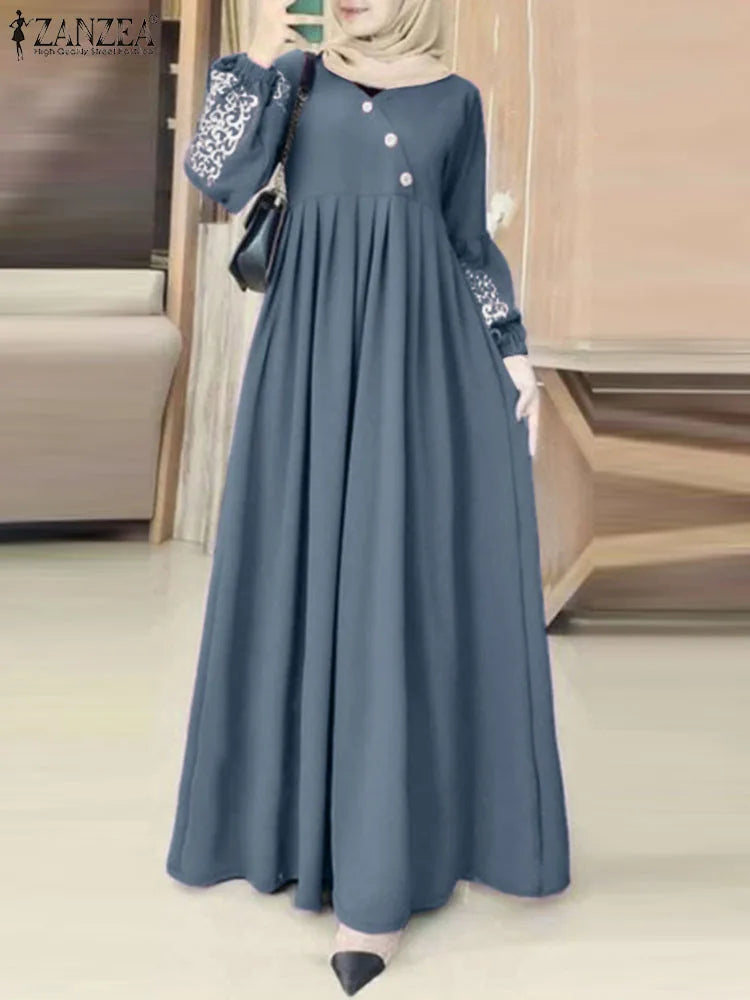 Muslim Hijab Dresses Abaya Eid Mubarek Robe Long Dress 2025 ZANZEA Women Elegant Long Sleeve Maxi Sundress Loose Vestidos Kaftan