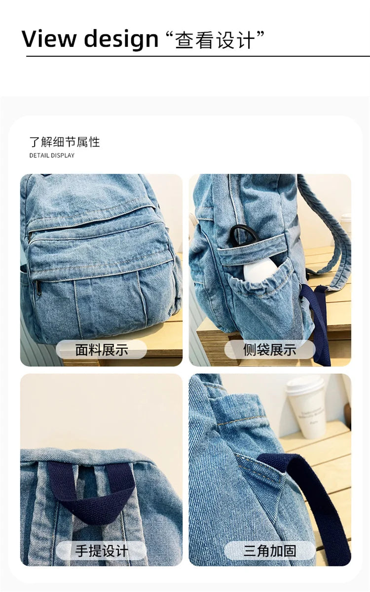 Blue Denim Backpacks For Women 100% Cotton Leisure Or Travel Bags Unisex Large Capacity Canvas Satchels Cloth Korea School Bags