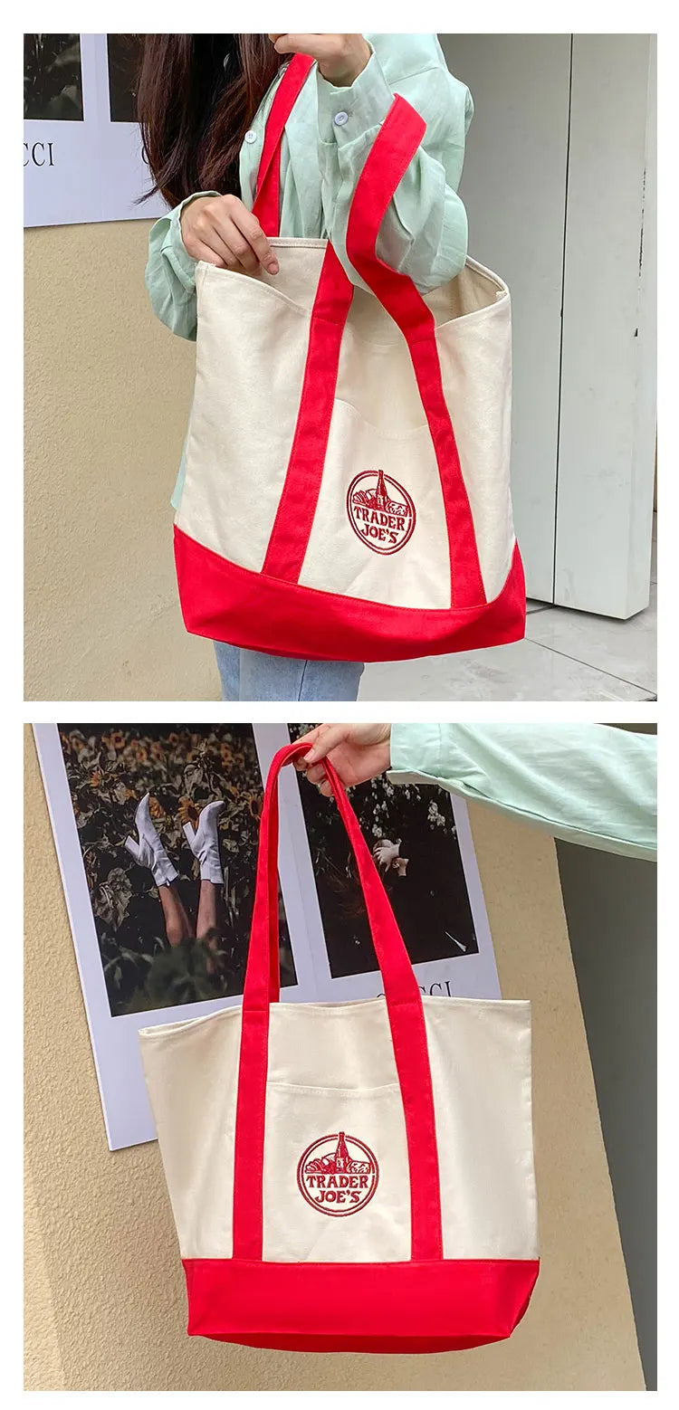 Tr Joe's Large Capaci op Bag Canvas Bag Embroidered Casual Handheld Single oulder Bag Contrast Color Trend Summer