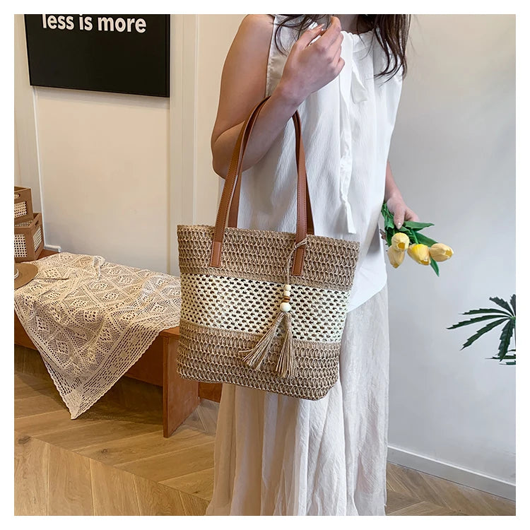 Color-blocked Linen Knitting Fashion Shoulder Bag Hollow Large Capacity Zipper Casual Tote Hot Sale Bags for Women Bolsa Mujer