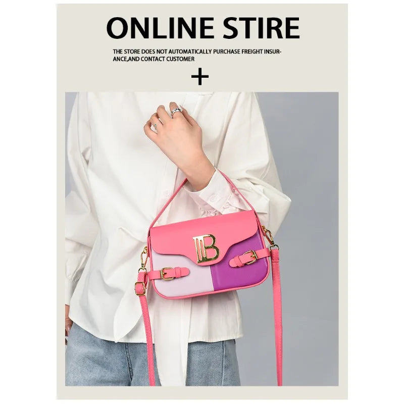 Luxury women's crossbody bag with color-blocking and stitching, box-style multi-color textured light luxury commuter bag.