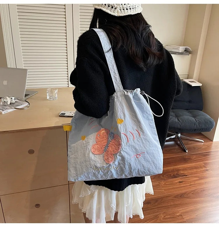 Leisure Large Capacity Single Shoulder Bag Trendy Embroidered Nylon Tote Bag School Style Sweet Handle Bag
