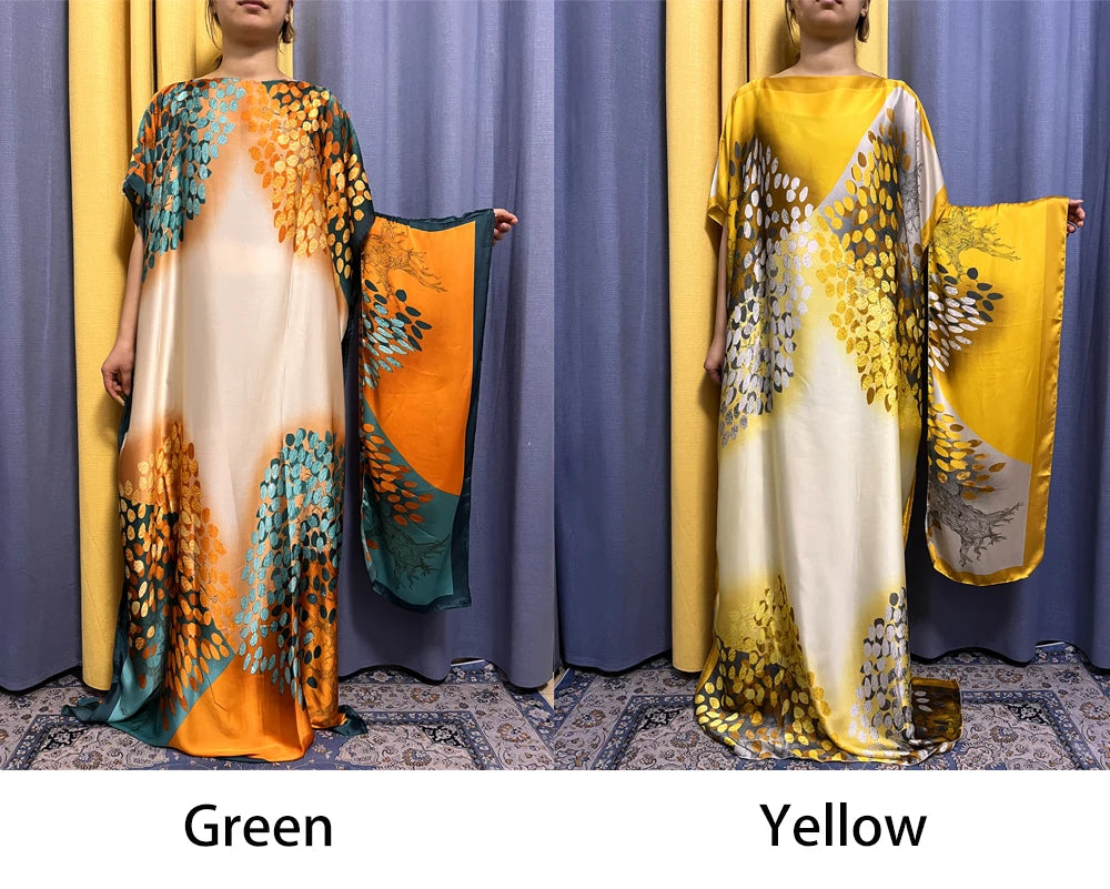 Muslim Silk Abayas For Women 2023 Fashion Print Islam Turkey Loose Elegant Femme Robe African Summer Ice Clothes With Headscarf