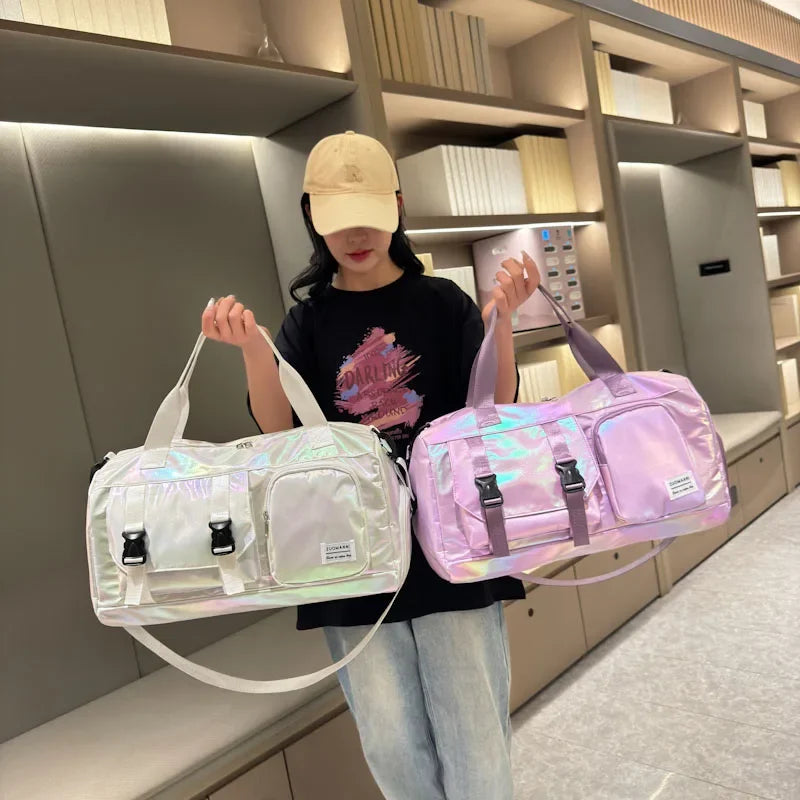 Holographic Glamour Duffel Bag - Spacious,Stylish Shoulder Tote with Shoe Compartment for Effortless Weekend Escapes -