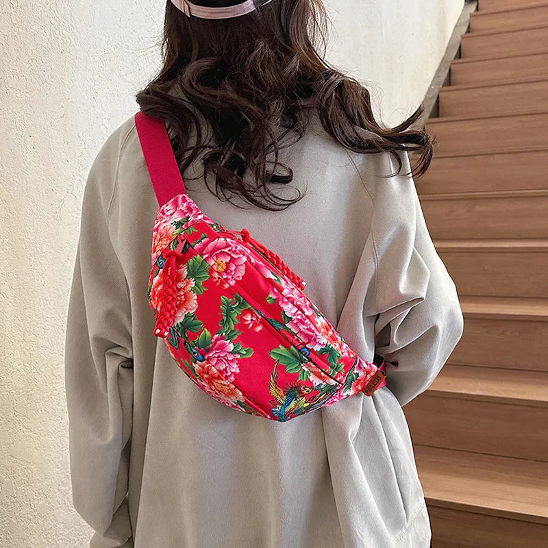 Women Fanny Bag Pack Large Flower Nylon Belt Bags Fashion Waist Pack Zipper Bag Adjustable Lightweight Multifunction Waterproof
