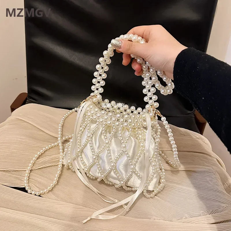 Sweet Girls Fashionable Handmade Pearl Beaded Bag French Style Hollow Out Evening Bag Elegant Single Shoulder Bag Sac A Main