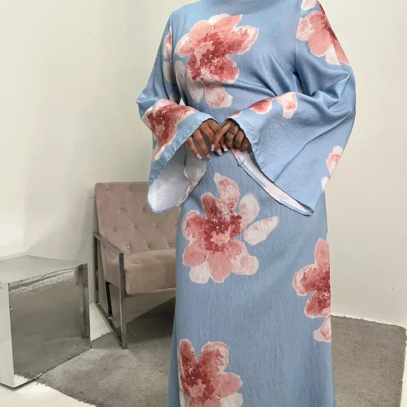 Elegant Floral Print Abaya Dress for Muslim Women Modest Full-Length Ankle-Grazing Maxi Robe 2025 Summer Islamic Turkey Outfit