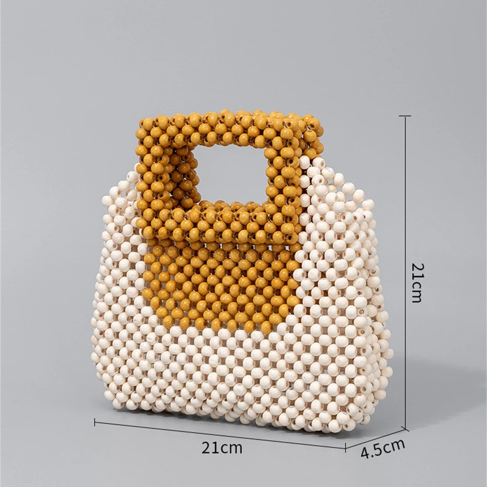 Luxury Wooden Beads Tote Bags Vintage Women's Square Handbag Handmade Fashion Banquet Bags Summer Casual Beach Purses Bag Bolsos