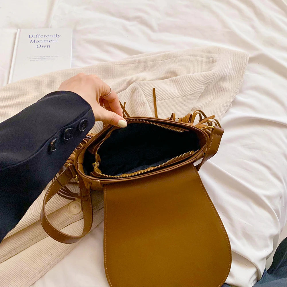 Women Suede Crossbody Bag with Tassels Shoulder Bag Zipper Closure Handbag Satchel Bag for Work Travel