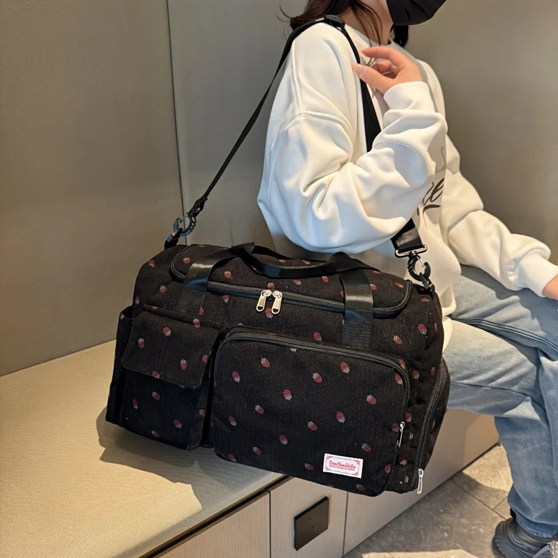 Large Capacity Strawberry Print Duffel Bag with Multiple Compartments - Ideal for Travel, Gym, and Everyday Use, Casual Style