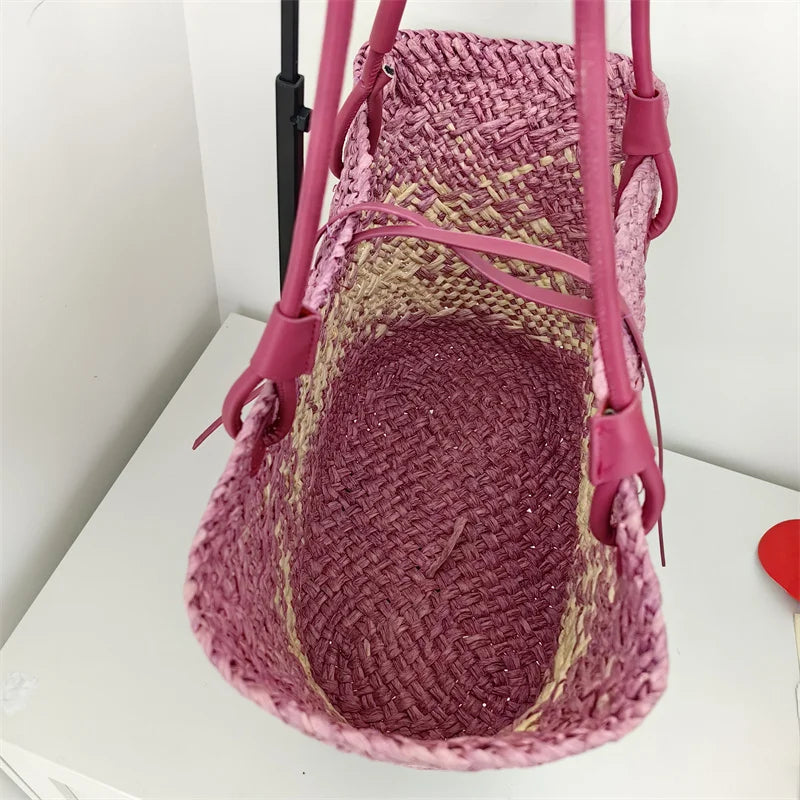 Summer Seaside Beach Bag Hand-woven Large Capacity Straw Tote Bag Gradient Color Design Women 's Travel  Vacation Shoulder Bag