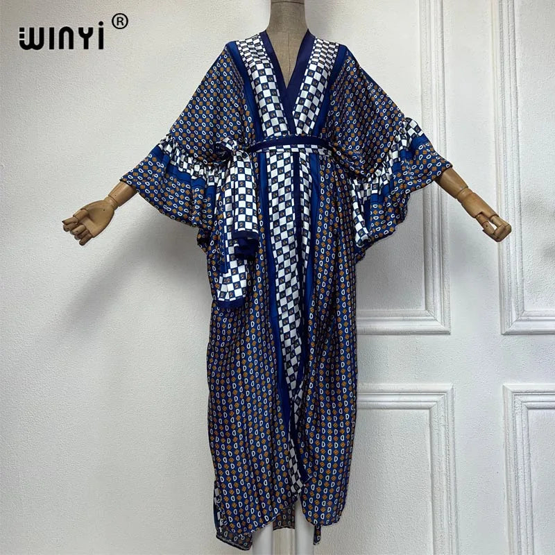 2023 dress KUWAIT WINYI new Muslim coat retro Print Self Belted Front Open Long Kimono kaftan Beach Tunic Women Wrap Dresses