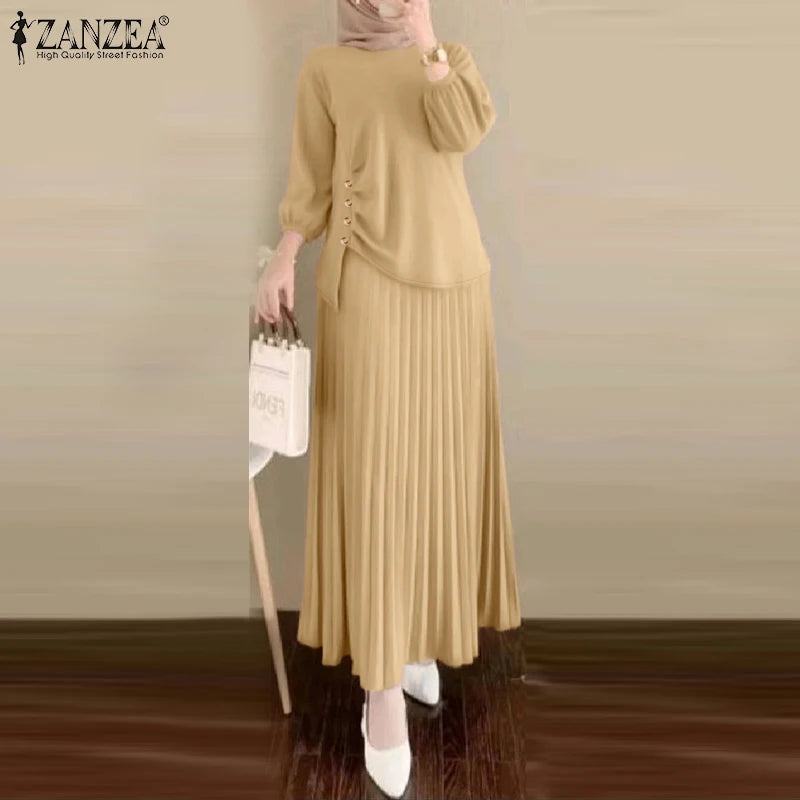 Fashion Muslim Sets Women 2PCS Outfits ZANZEA Elegant Long Sleeve Blouse Dress Suits Casual Solid Tracksuits Loose Matching Sets