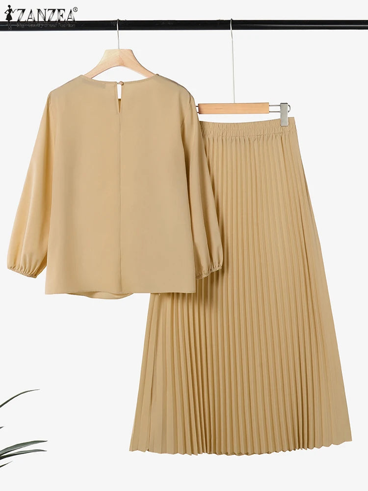 Fashion Muslim Sets Women 2PCS Outfits ZANZEA Elegant Long Sleeve Blouse Dress Suits Casual Solid Tracksuits Loose Matching Sets