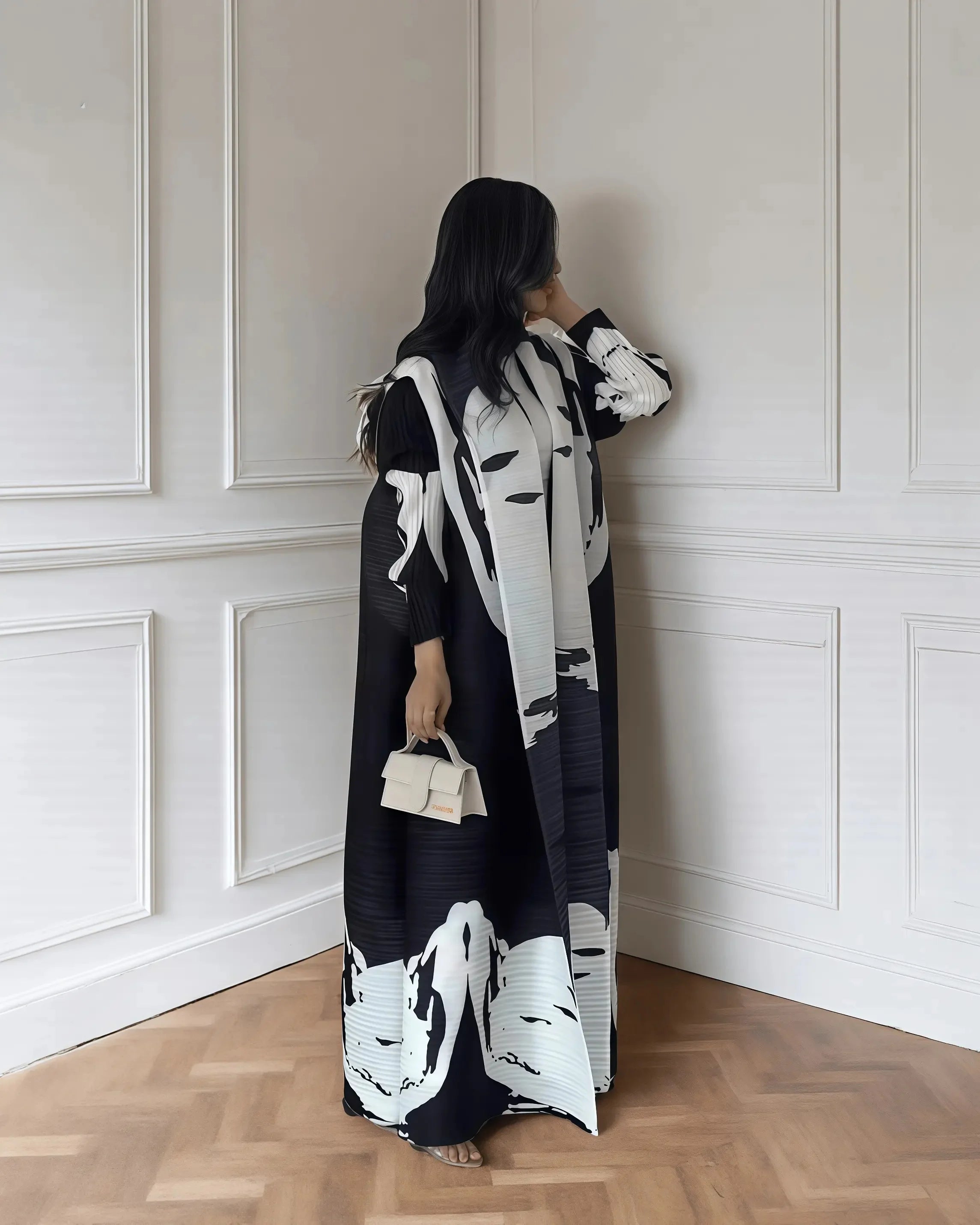 Autumn Women's Long Coat, Retro Printed Long Sleeved Muslim Abaya Saudi Fashion Wrinkled Waist Belt