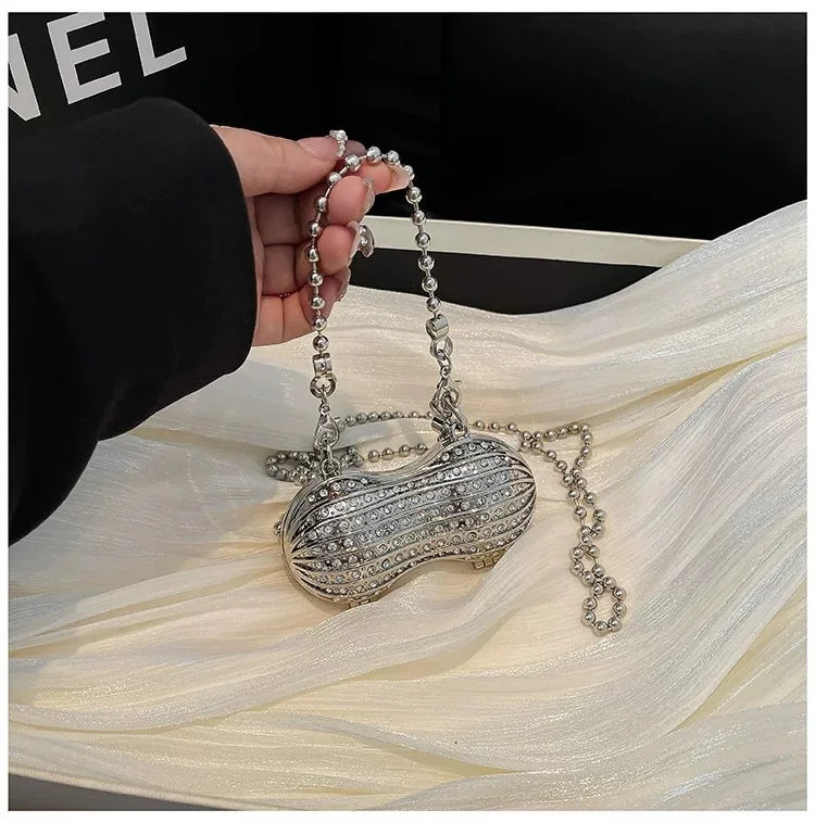 Luxury Diamond Inlay Peanut Shape Crystal Clutch Purse Stones Evening Wedding Party Shoulder Bag Handle Rhinestone Mini Handbags
