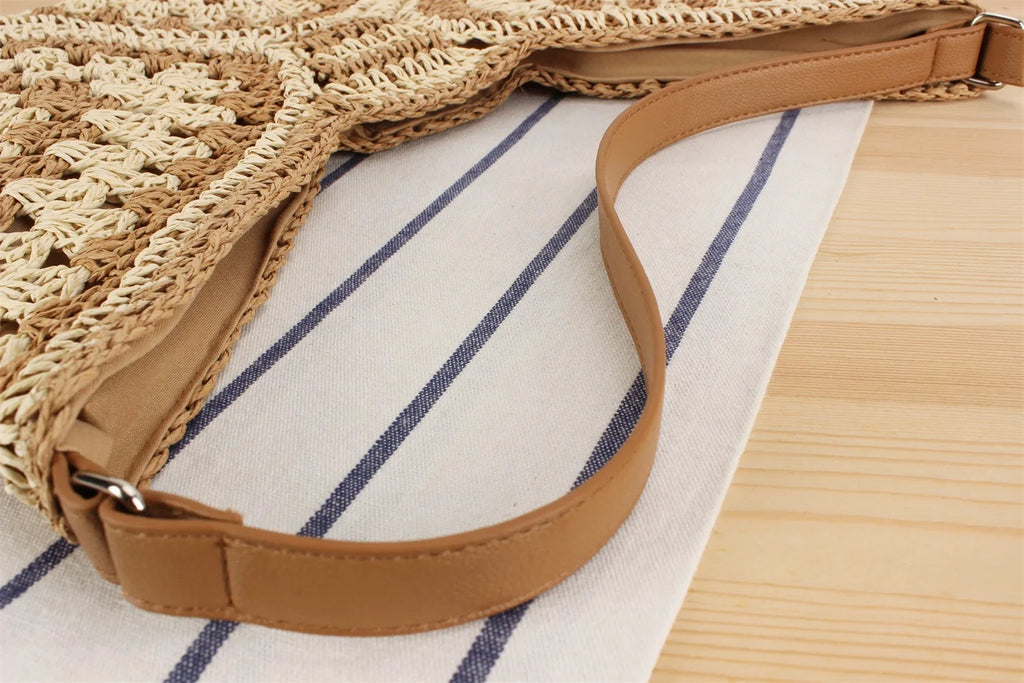 Summer Bohemian Braided Handbag Casual Tote Hollow Straw Beach Bag Woven Shoulder Bag Raffia Rattan Shopping Travel Bag