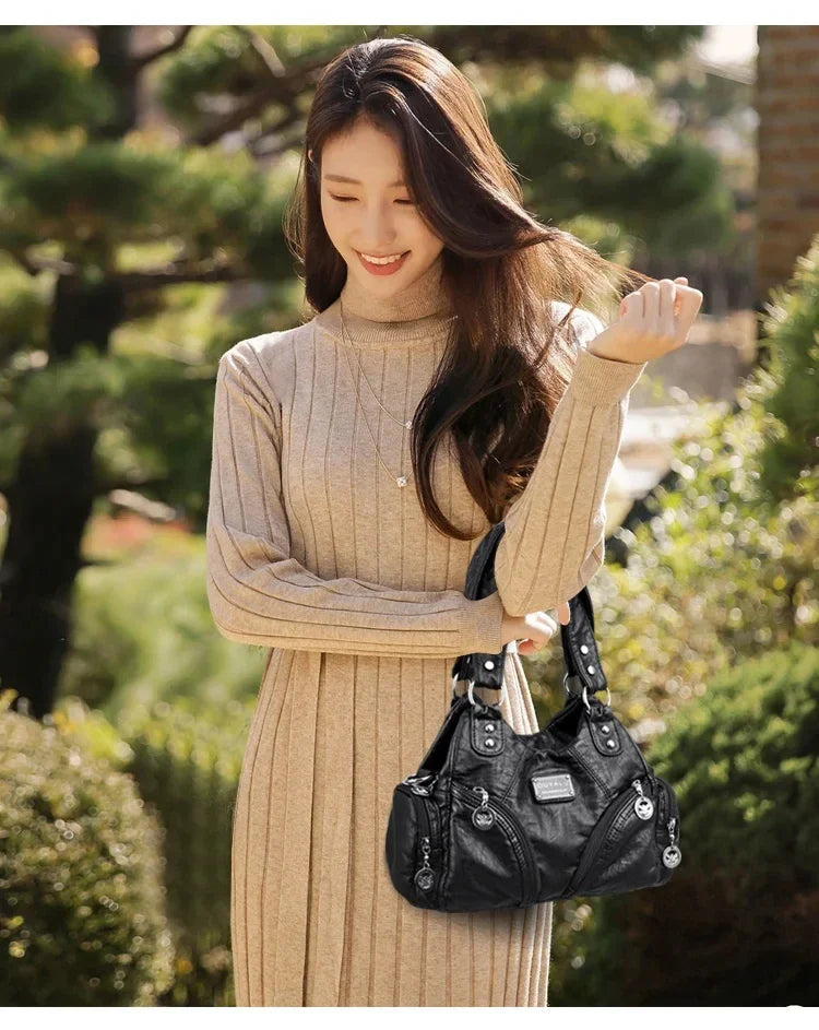 Luxury Soft Pu Leather Brand Girls Shoulder Bags Black HandBags Tote New Arrival Mini Small Motorcycle Bags Crossbody for Women