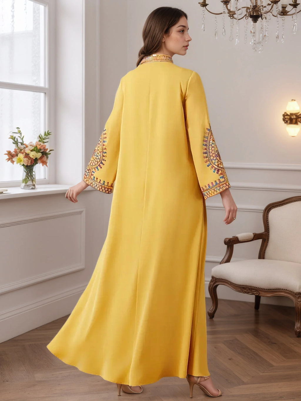 Dubai 2025 Hot Sell Moroccan Islam Women Style Yellow Abaya Intricate Hand Embroidered Patterns for Arabian Cultural Gatherings