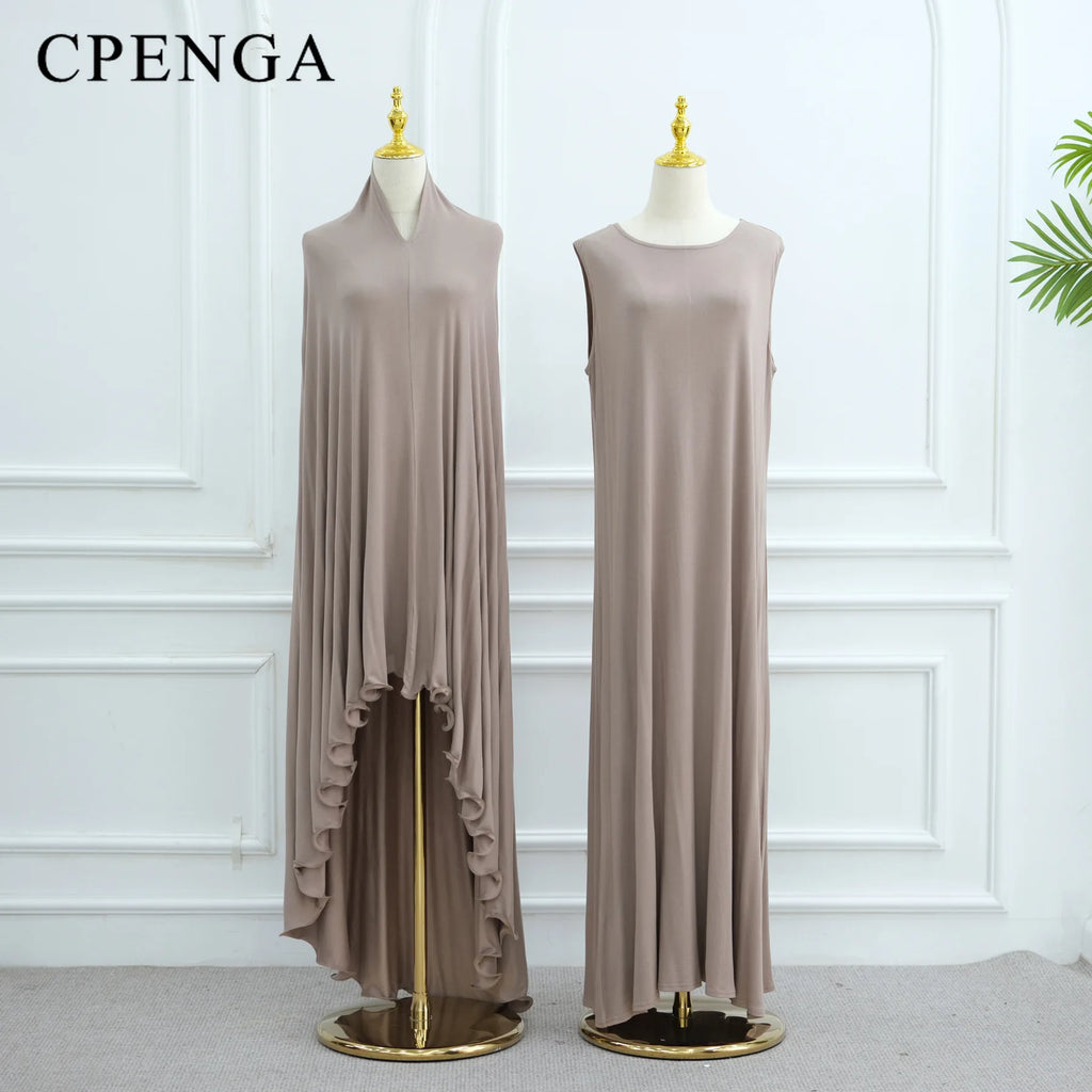 Two Piece Arabic Muslim Women Set Elegant Dubai Hijab Abaya Eid Middle East Prayer Clothes Islamic Khimar Outfit Moroccam Kaftan