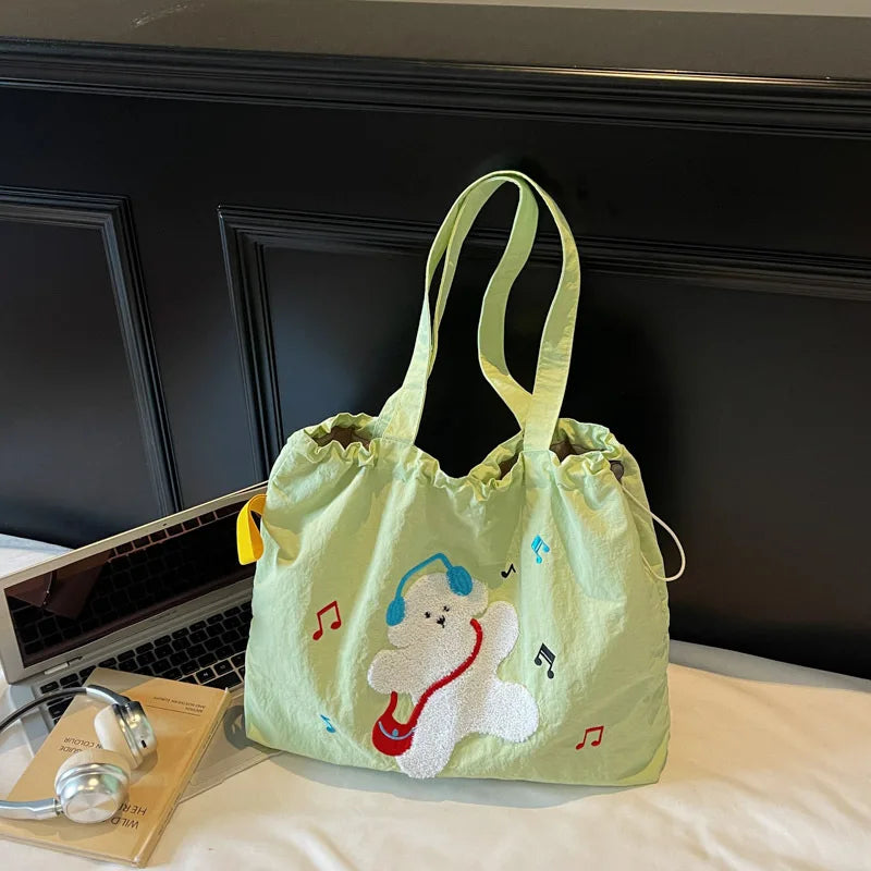 Leisure Large Capacity Single Shoulder Bag Trendy Embroidered Nylon Tote Bag School Style Sweet Handle Bag