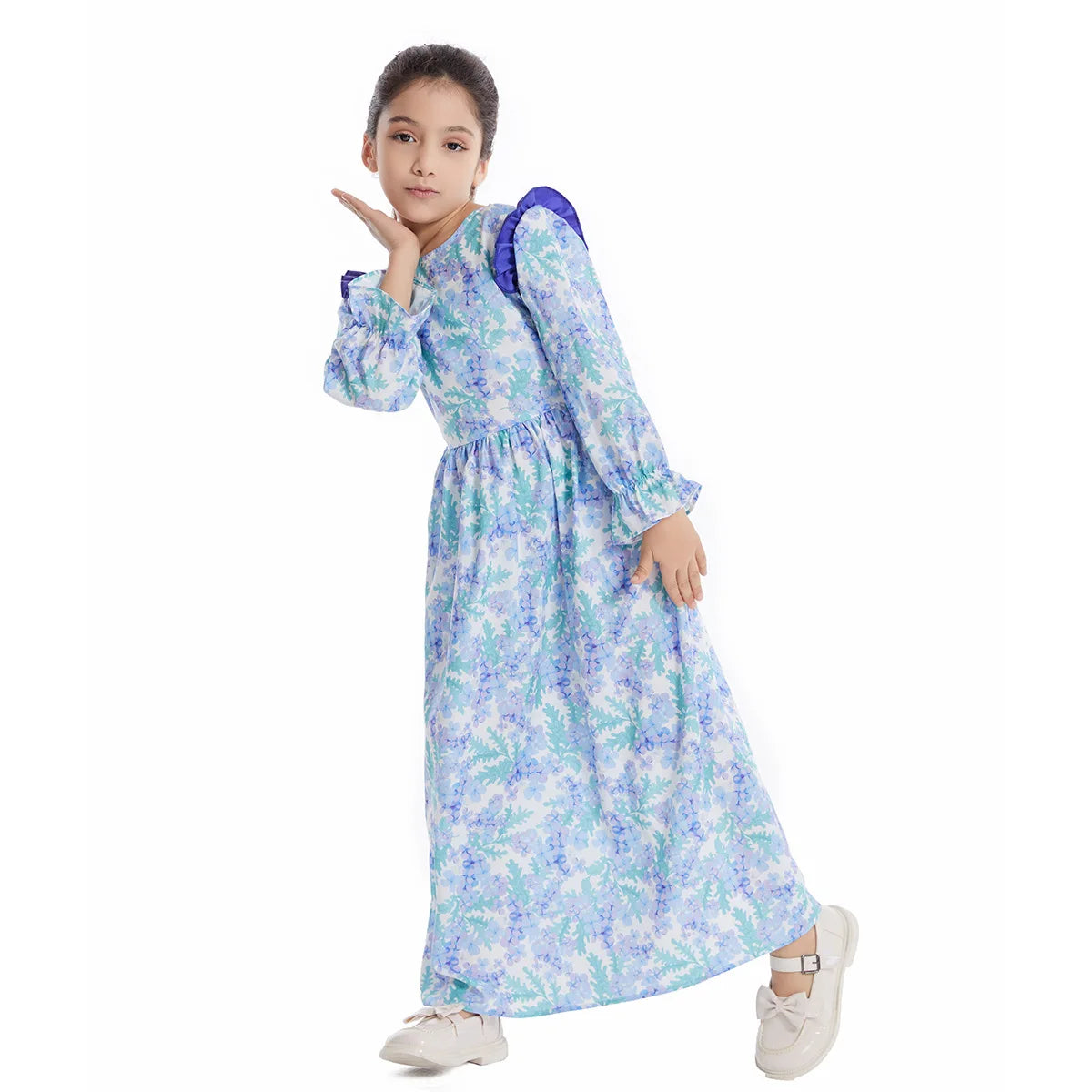 Abaya Girls Long Sleeve Dresses,Muslim Floral Dress for Kids,Conservative Outfits,Full Cover Robe Gown,Children's Beaching Dress