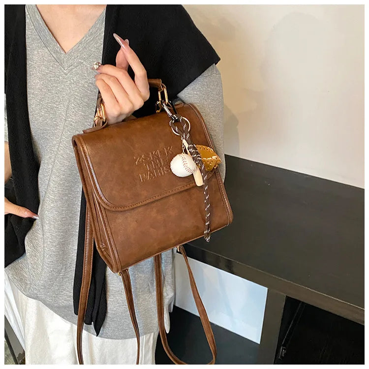 Casual Retro Large Capacity Women's Backpack Fashionable Versatile Stylish Satchel Crossbody Bag New Black City Simple Style PU