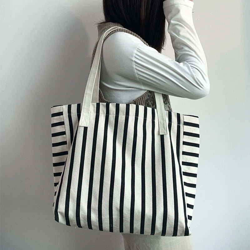 New Beach Tote Bag Fashion Women Canvas Summer Large Capacity Striped Shoulder Bag Tote Handbag Shopping Shoulder Bags ﻿
