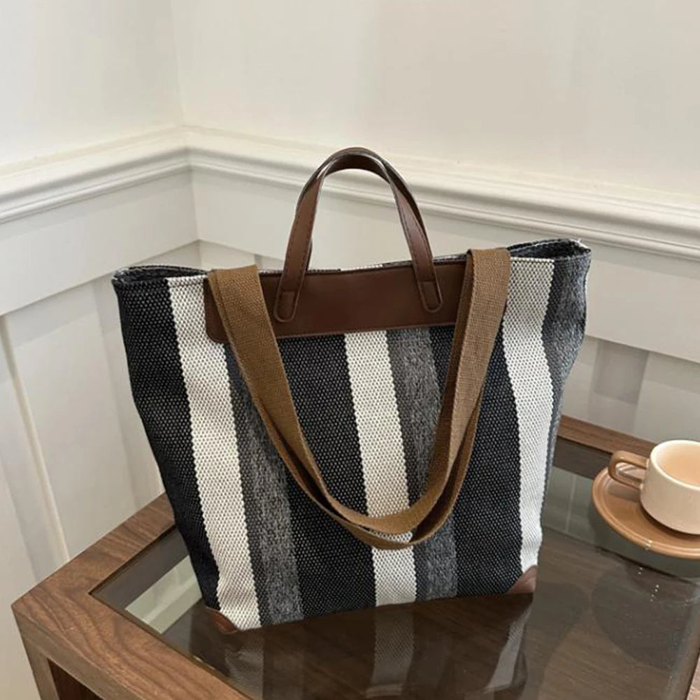 Striped Hobo Shoulder Bags Women Zipper Bucket Bags Canvas Tote Bag Simple Handbag Daily Commuting Bag Travel Top-Handle Bags