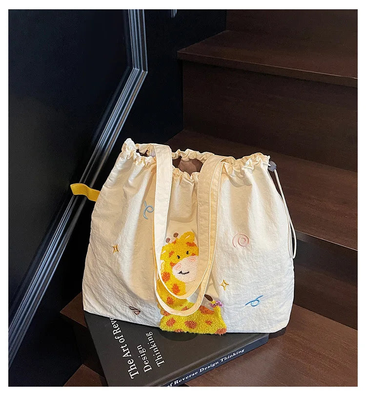 Leisure Large Capacity Single Shoulder Bag Trendy Embroidered Nylon Tote Bag School Style Sweet Handle Bag