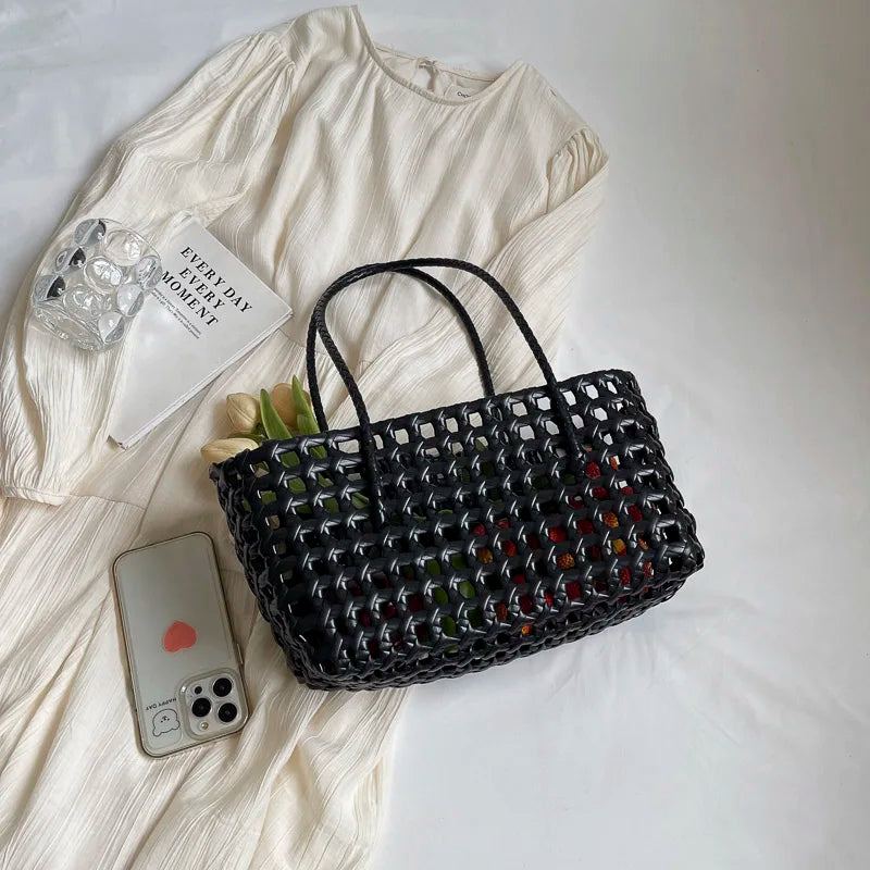 LEFTSIDE Small Solid Color Weave Tote Bags for Women 2025 Fashion Summer Shoulder Bags Simple Handbags Hollow Out Beach Bag