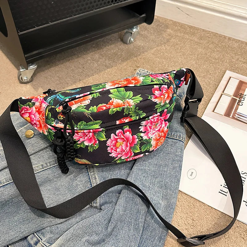 Women Fanny Bag Pack Large Flower Nylon Belt Bags Fashion Waist Pack Zipper Bag Adjustable Lightweight Multifunction Waterproof