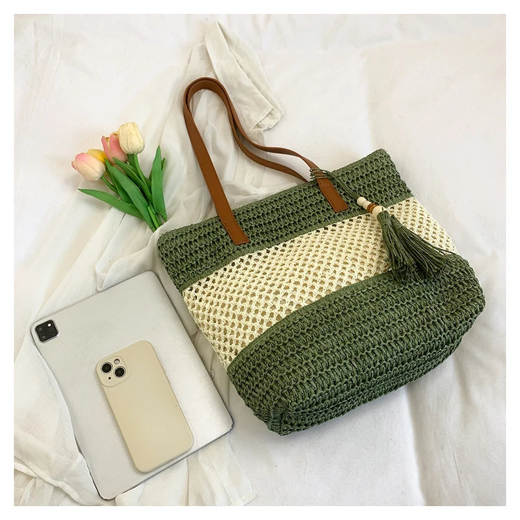 Color-blocked Linen Knitting Fashion Shoulder Bag Hollow Large Capacity Zipper Casual Tote Hot Sale Bags for Women Bolsa Mujer