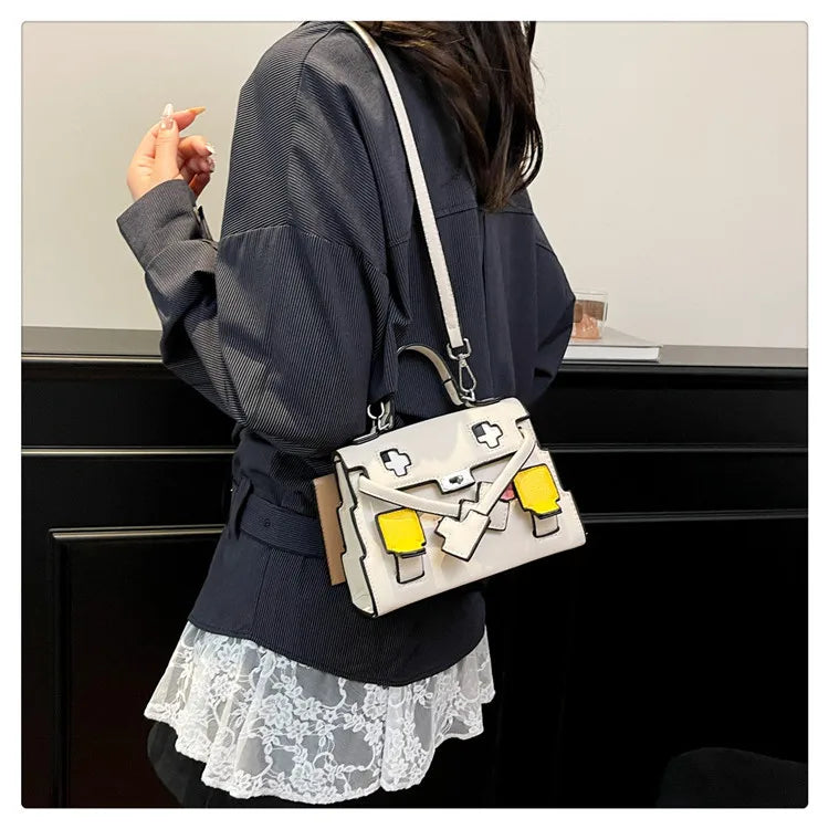 2025 Niche Kelly Bag Womens Mosaic Doll Robot Print Shoulder Crossbody Purse Unique Designer Handheld Tote Fashion Statement