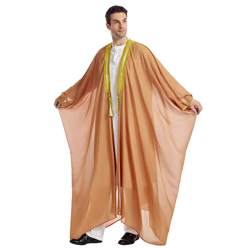 Men's Robe Muslim Clothes Kimono Loose Abaya Dresses Long Sleeve Embroidered Chiffon Kaftan Casual Formal Dubai Thobe