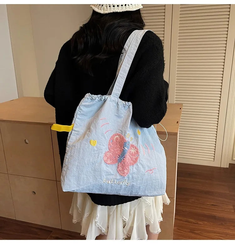 Leisure Large Capacity Single Shoulder Bag Trendy Embroidered Nylon Tote Bag School Style Sweet Handle Bag