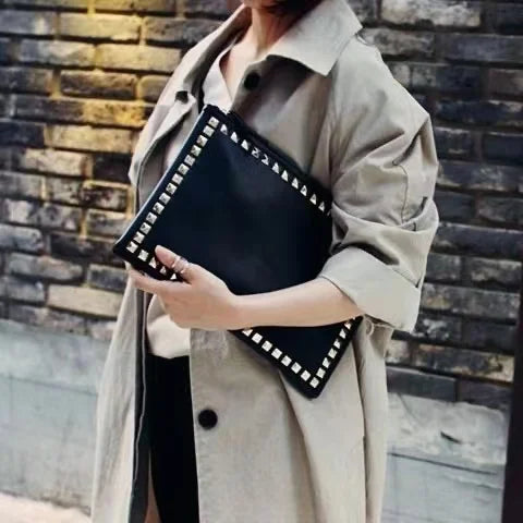 Leather Rivet Handbags for Women, Daily Clutches, Black Envelope, Evening Party Bag, High Quality, Female Shoulder Bags