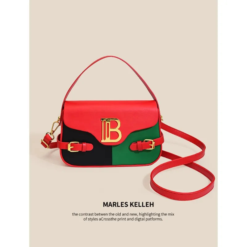 Luxury women's crossbody bag with color-blocking and stitching, box-style multi-color textured light luxury commuter bag.