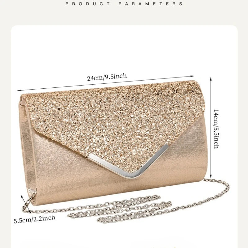 Clutch Bags V Design Metal Chain Glitter Sequined Evening Bags with Envelope Party Wedding  Lady Handbags Banquet Messenger Bag