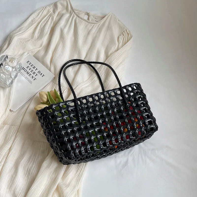 LEFTSIDE Small Solid Color Weave Tote Bags for Women 2025 Fashion Summer Shoulder Bags Simple Handbags Hollow Out Beach Bag