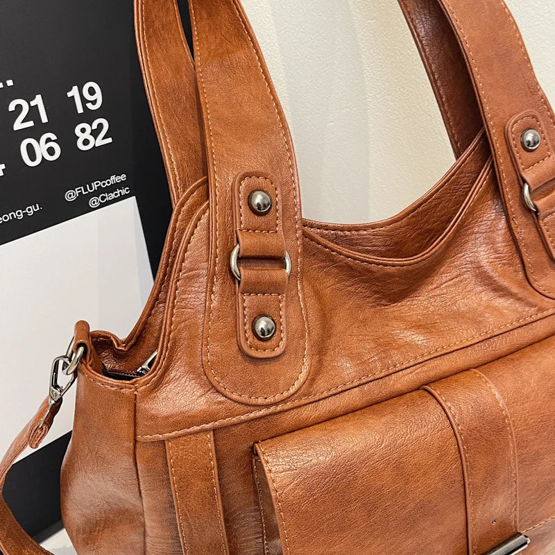 Women Tote Bag Fashion Underarm Pouch Large Capacity Soft Pu Leather Shoulder Bag Retro Crossbody Bag Casual Portable BucketBags
